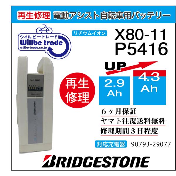 電動自転車　バッテリー　X80-11　ブリジストン　BRIDGESTON　電池交換（2.9→5.2A...