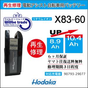 電動自転車　ホダカ　hodaka　バッテリー　X83-60　（8.9→10.4Ah)電池交換・6か月保証　往復送料無料・無料ケース洗浄サービス｜willbe-trade