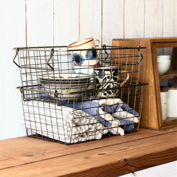 ワイヤーバスケット スタッキング かご バスケット カゴ 収納カゴ 収納ボックス 積み重ね おしゃれ...