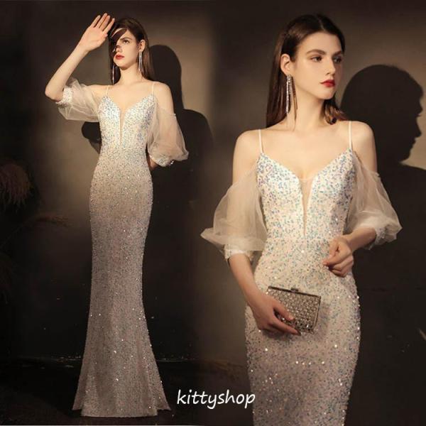 イブニングドレス オフショルダー マーメイドドレス スパンコール キラキラドレス キャミドレス パフ...
