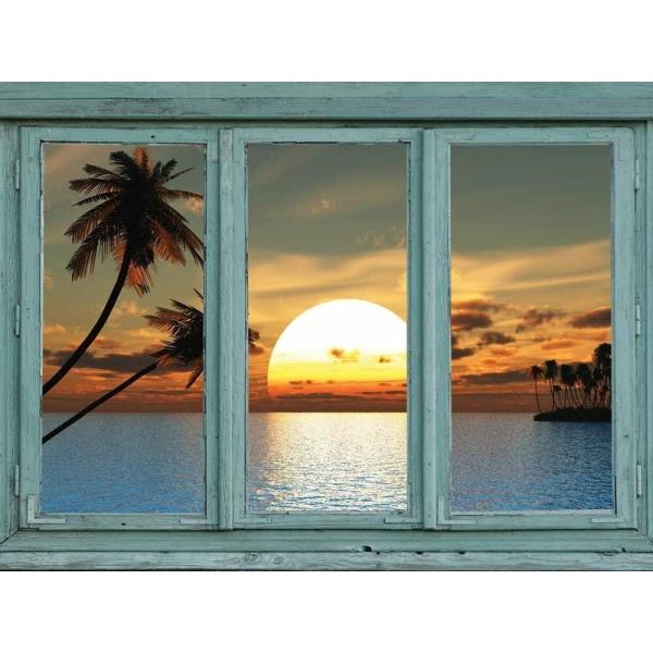 パネルアート ヤシの木と青い水のある熱帯島からの夕日-壁壁 - 36x48- show origin...