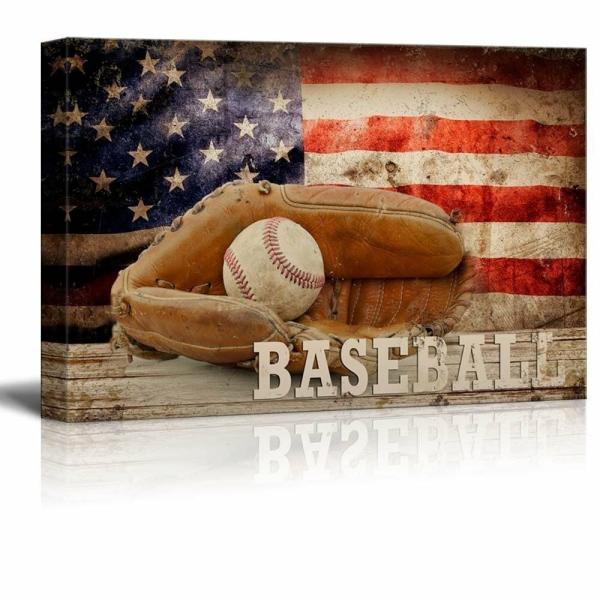 パネルアート 野球アメリカ-愛国的なボールとグローブスポーツグランジフラグ-キャンバス - 24x3...