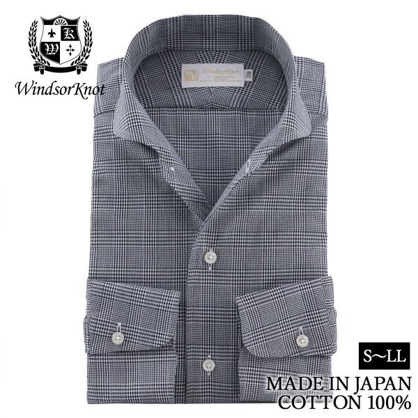 イタリアンカラー シャツ ラウンド ワンピースカラー グレンチェック  白×黒 日本製 綿100% ...