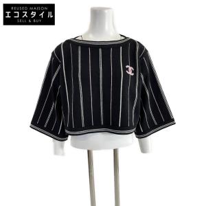 美品/国内正規/23年製 CHANEL シャネル P74746K10711 ココマーク ストライプ カシミヤ ニットセーター 34 ブラック レディース｜wine-king