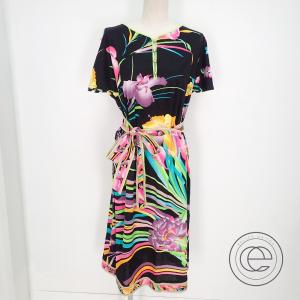 美品 Leonardレオナール フラワー ベルト付 プルオーバー 半袖ワンピースll ブラック レディース Automationghana