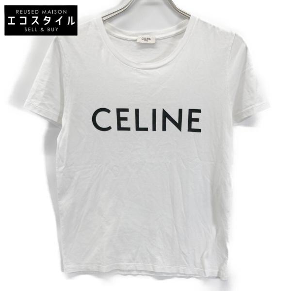 CELINE セリーヌ ホワイト コットン ロゴプリント Tシャツ ホワイト Ｓ トップス コットン...