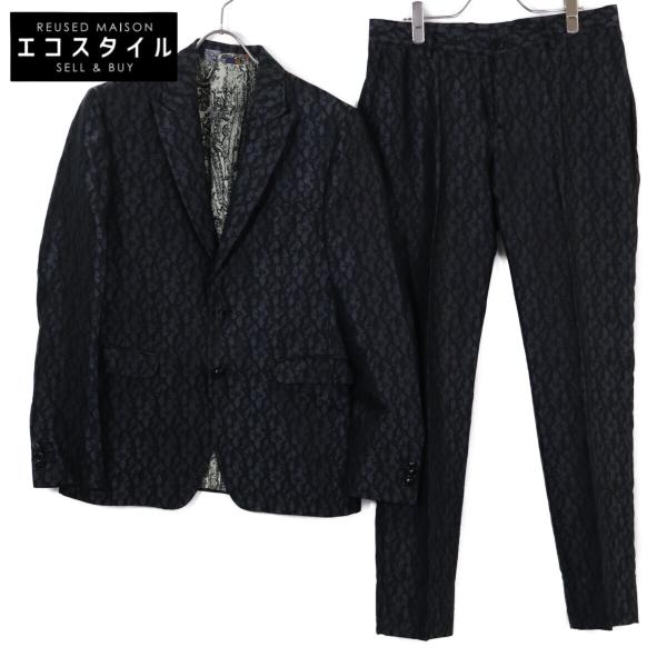 国内正規/  ETRO エトロ 総柄 シルク混 ピークドラペル 2Bシングルスーツ 48 ブラック ...