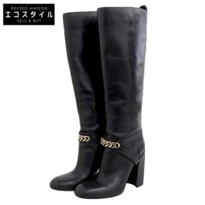 YvesSaintLaurent イヴサンローラン フロントチェーン チャンキーヒール レザー ロングブーツ シューズ レディース ブラック 36