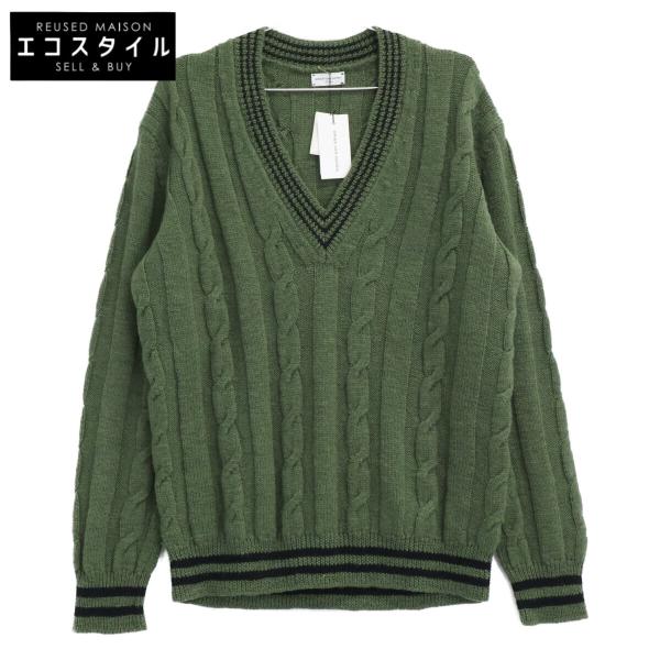 DRIES VAN NOTEN ドリスヴァンノッテン カーキ×ブラック ウール Vネック ケーブルニ...
