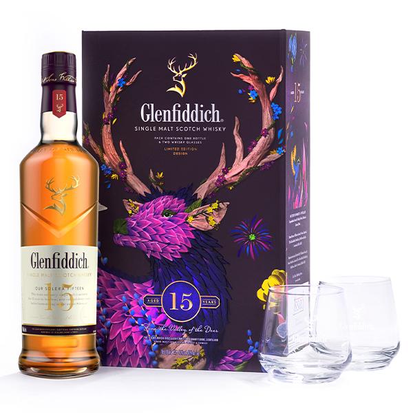 【正規品 箱入 ペアグラスセット】グレンフィディック 15年 井上羅来氏デザインボックス入 ペアタン...