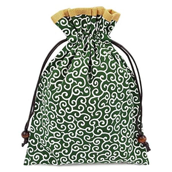 巾着袋 裏地付き 和柄 緑 唐草模様×黄色 ハンドメイド 日本製 和小物 和雑貨