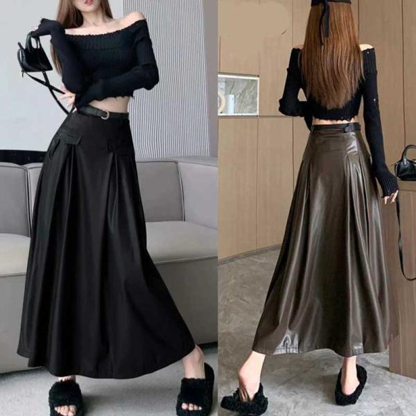 送料無料２〜4日後到着 ロングレザースカート セクシー レディース 脇ファスナーフレアーロング丈スカ...