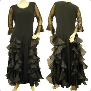 社交ダンスドレス　ローウエスト　豪華ボリュームたっぷりのオーガンジーフリル　ドレス　黒
