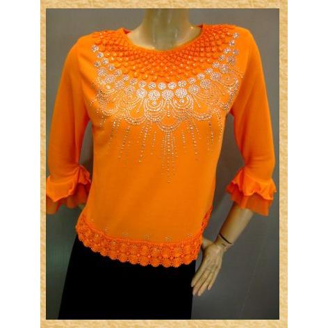 コーラス衣装 発表会衣装 刺繍 ジルコントップス　ゆったり(身幅約９５ｃｍ)Ｍサイズ　オレンジ