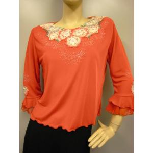 コーラス衣装　発表会衣装　カラー花刺繍ジルコントップス 　オレンジ/Ｍ・Ｌサイズ