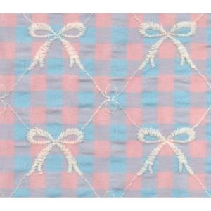 『カラフルチェック リボン刺繍生地』135cm幅×10cm単位 生地/布