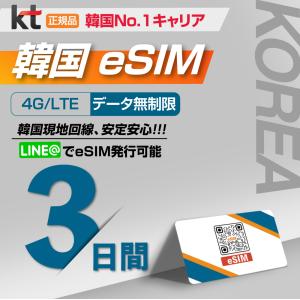 【eSIM】韓国プリペイドSIM KT回線 データ通信使い放題 利用期間3日 データ通信専用 eSIM 韓国 esim Esim eSIM ESIM　※SIMカード有効期限2024年2月29日まで