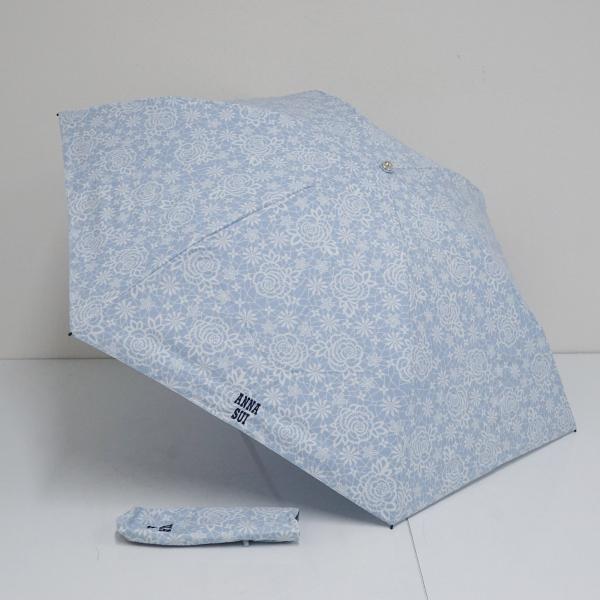 折りたたみ日傘 ANNA SUI アナスイ USED美品 晴雨兼用 小花 ロゴ ライトブルー フラワ...