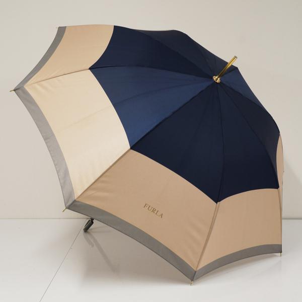 耐風傘 FURLA フルラ USED品 2トーンボーダー ジャンプ ネイビー ピンク ロゴ グラス骨...
