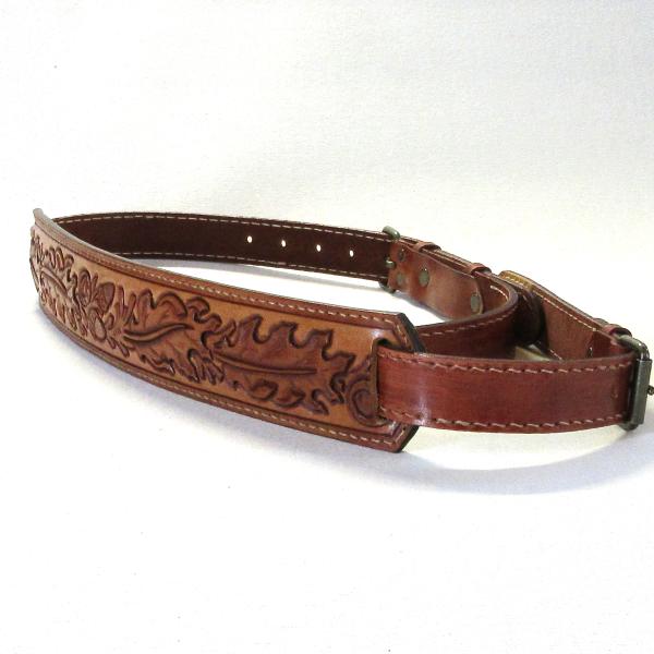 本革製ギター・ストラップ（スリムタイプ／葉カービング）