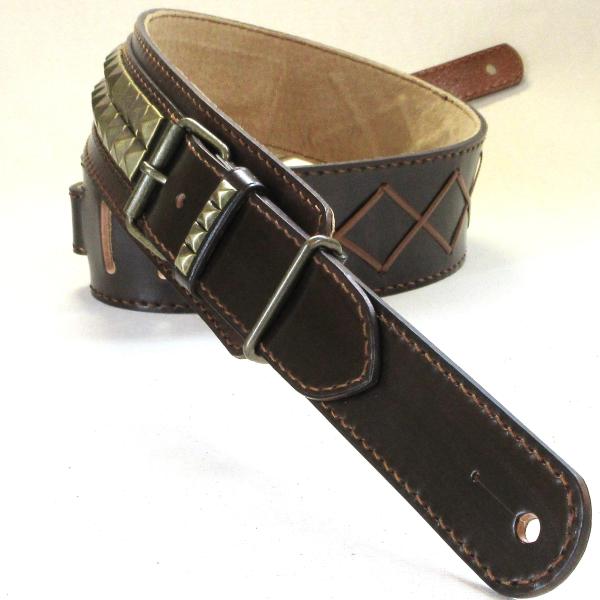 本革製ギター・ストラップ（角鋲／ブラウンレザー）