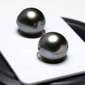 ブラックパールルース2珠 黒蝶真珠 幅約10.2mm×縦11.0mmUP 片穴あき 