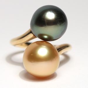 指輪 パールリング 南洋真珠11mmUP2珠K18遊び心がある指輪サイズ12.5変更不可 グリーン＆ゴールド