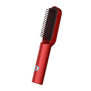 ヘアアイロンブラシ レッド ミニ ストレート コードレス 充電式 ヒートブラシ カール 恒温200度 ブラシ