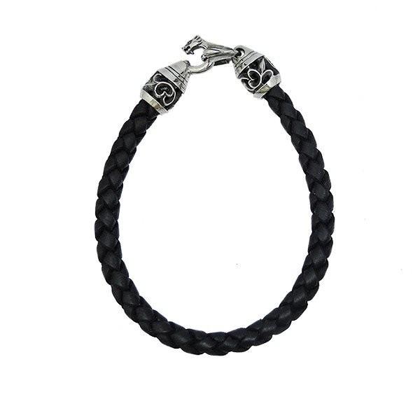 シルバーアクセサリー シルバー925  シルバー 四つ編みレザーブレスレット/シルバー狼 ウルフ ウ...