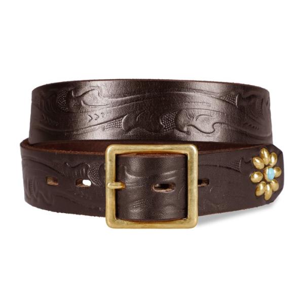 HTCベルト ダークブラウン エンボスレザー エンドオンリー フラワースタッズ ベルト ターコイズ ...