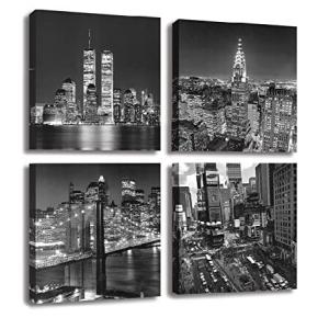 (Black and White) - Yin Art- New York City Canvas Print Black and White Brooklyn Bridge,Empire State Building Wall Art Modern Giclee Artwork 30x30cm｜wolrd