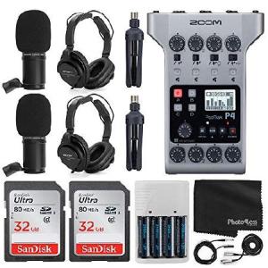 Zoom PodTrak P4 Portable Multitrack Podcast Recorder + 2x Zoom M-1 Mic + 2x Headphones + Windscreen + XLR Cable + Tabletop Stand + 2x 32GB Memory Card