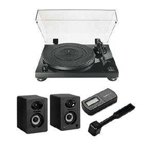 Audio-Technica AT-LPW50PB Fully Manual Belt-Drive Turntable Bundle Bluetooth Studio Monitors - Pair, Cleaning Brush, and Turntable Stylus Scale (4 Ite