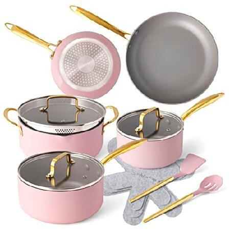 Styled Settings ピンク鍋とフライパンセット ノンスティック - 15点 豪華なゴール...
