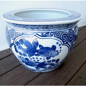 青花丸大魚缶 白花藍底（大）14号鉢 水鉢 火鉢 睡蓮鉢 メダカ鉢