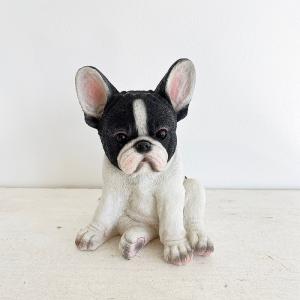 置物 彫像 座っている黒白の フレンチブルドッグ の子犬の像
