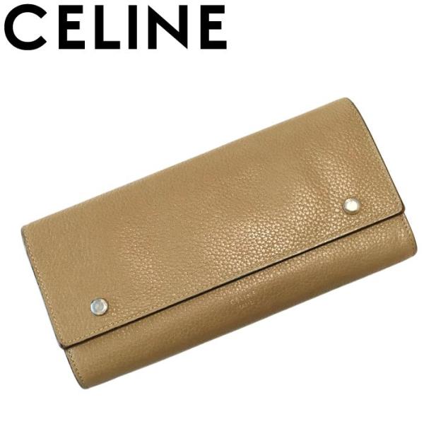 【中古】CELINE セリーヌ 二つ折り 長財布【やや傷や使用感あり】ベージュブラウン ラージフラッ...