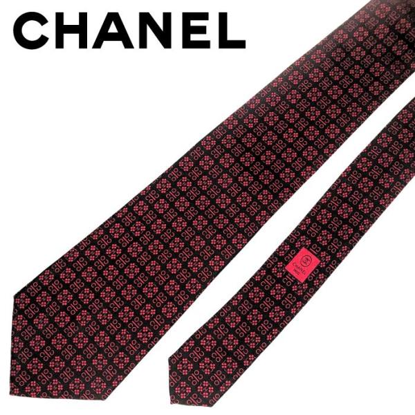 【中古】CHANEL シャネル ネクタイ【ほぼ新品】10cm ブラック×レッド シルク ブランドr-...