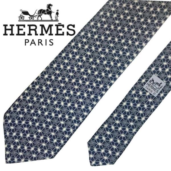 【中古】HERMES エルメス ネクタイ【ほぼ新品】9cm ネイビー×ホワイト シルク ブランド r...