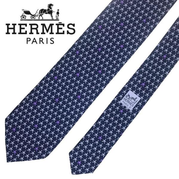 【中古】HERMES エルメス ネクタイ【ほぼ新品】9cm ネイビー×ブルー シルク ブランド r-...