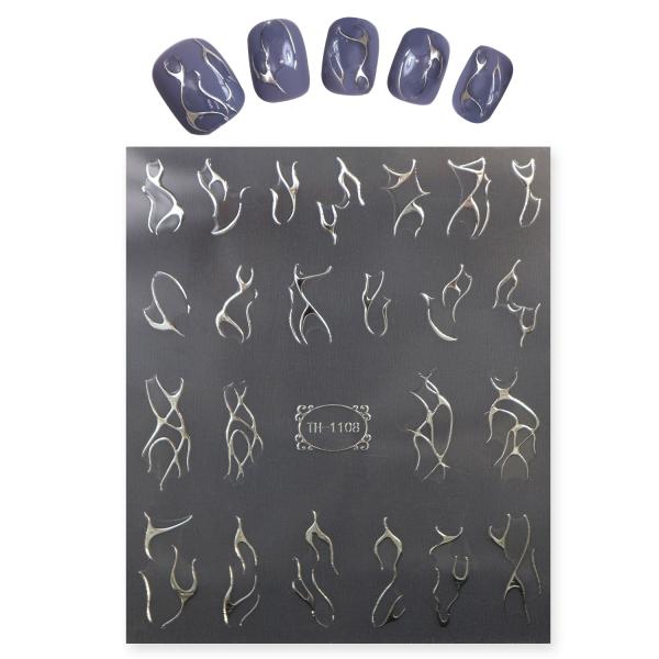 ネイルシール 【シルバー ファイヤーパターン】 1シート 銀 ウェーブライン メタリック ネイルステ...