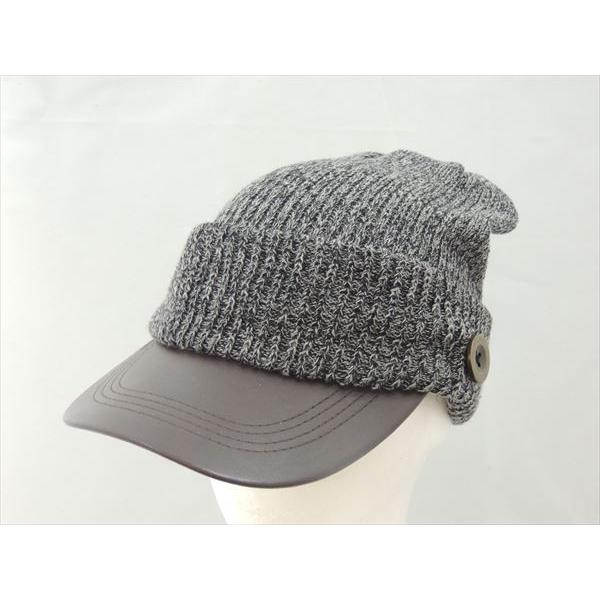 オリジナル ニットキャップ グレーニット 本革風ブラウンつば 2567●