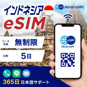 インドネシア eSIM 無制限 5G/LTE 5日 Telkomsel対応 即日開通 テザリング可 海外旅行