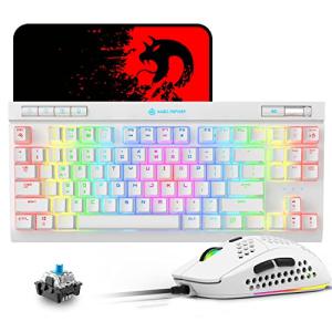 Urworthltd メカニカル ゲーミングキーボードセット 青軸 有線 87キー 全キー 防衝突 ハニカムデザイン 軽量6400DPI マウスパッド