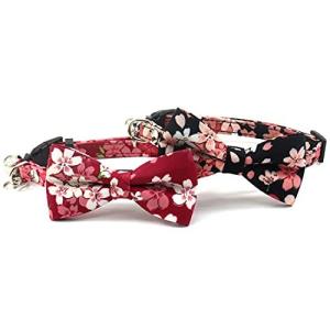 猫 首輪 ネコ 2個セット猫用 首輪 子犬 迷子札付きリボン付き 鈴付き セーフティバックル 可愛い 調整可能 軽量 ペット首輪 布 (和風 桜柄，