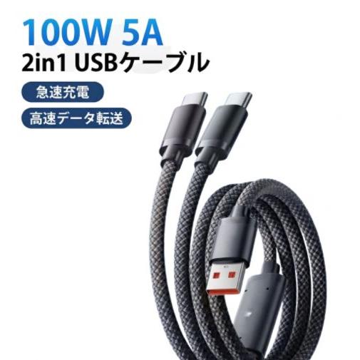 タイプcケーブル 2m 急速充電 100W 2in1 2股 pd usb type-c 2本 同時充...