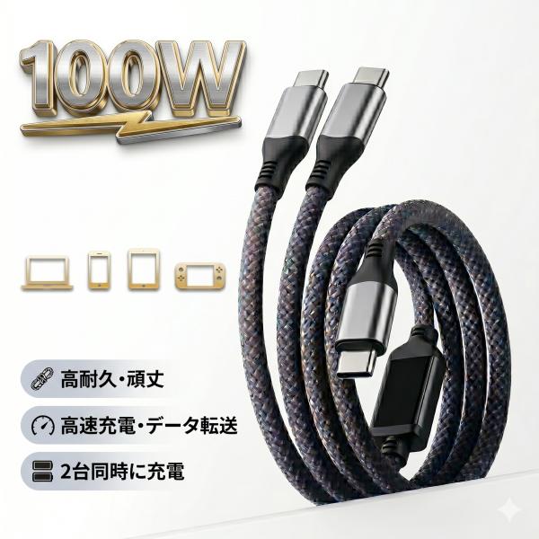 Type-C ケーブル 急速充電 2口 100W 2in1 タイプc 2股 pd usb type-...