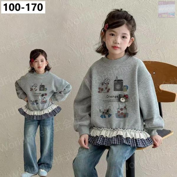子供服 女の子 トレーナー 裾レース チェック 重ね着風 100-170cm キッズ ジュニア 春 ...