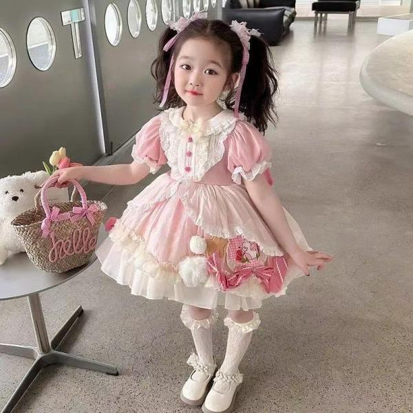 キッズ 子供服 ワンピース 女の子 夏 半袖  ピンク キッズワンピース 袖フリル 女児服 ロリータ...