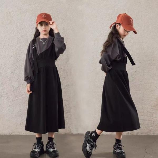 ロングワンピース キッズ トレーナー 重ね着風 長袖 女の子 子供服 ジュニア ロングワンピ トレー...